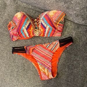 Seafolly Orange Tribal-Trim Bandeau Bikini Set